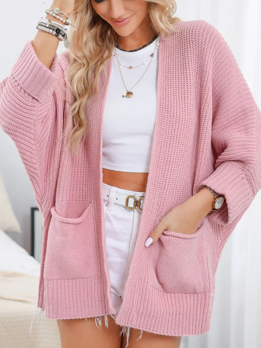 Chunky knit open front cardigan with patch pockets