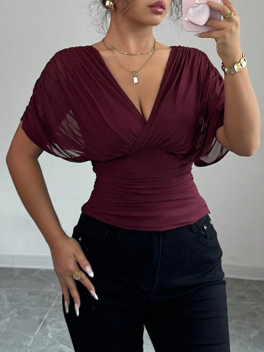 Burgundy Ruched surplice wrap top with short dolman sleeves