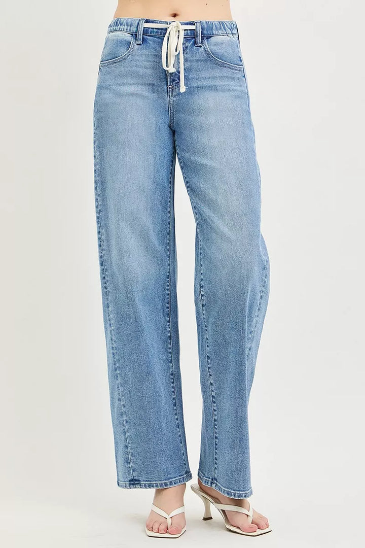 Relaxed wide-leg drawstring waist denim jeans