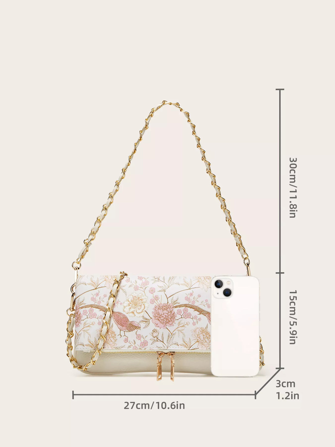 Floral bird print mini shoulder bag with woven chain strap