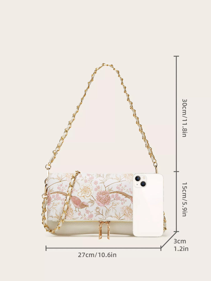 Floral bird print mini shoulder bag with woven chain strap