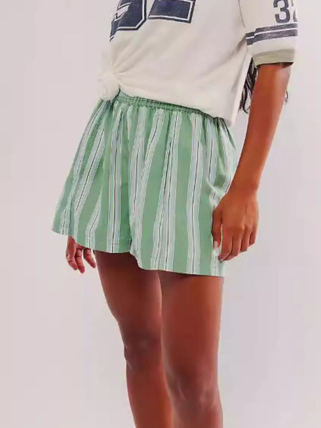 Striped elastic-waist pull-on shorts with side pockets