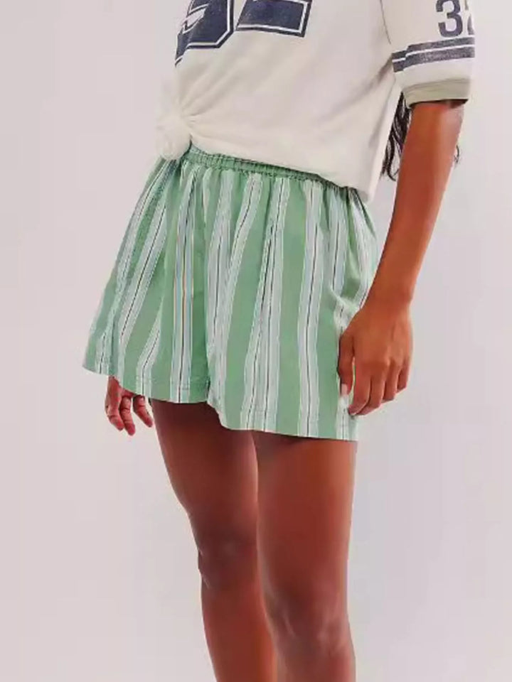 Striped elastic-waist pull-on shorts with side pockets
