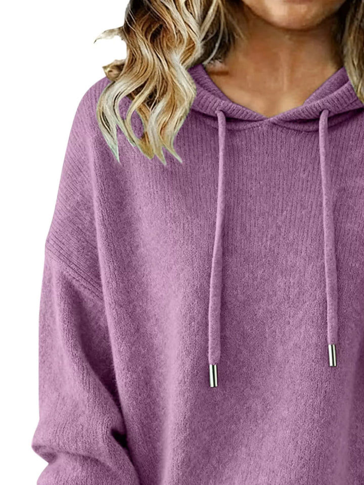 Drawstring hooded knit sweater with ribbed cuffs
