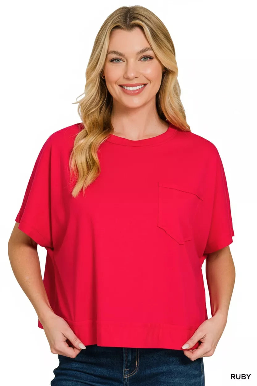 Exposed seam boxy crop tee with chest pocket