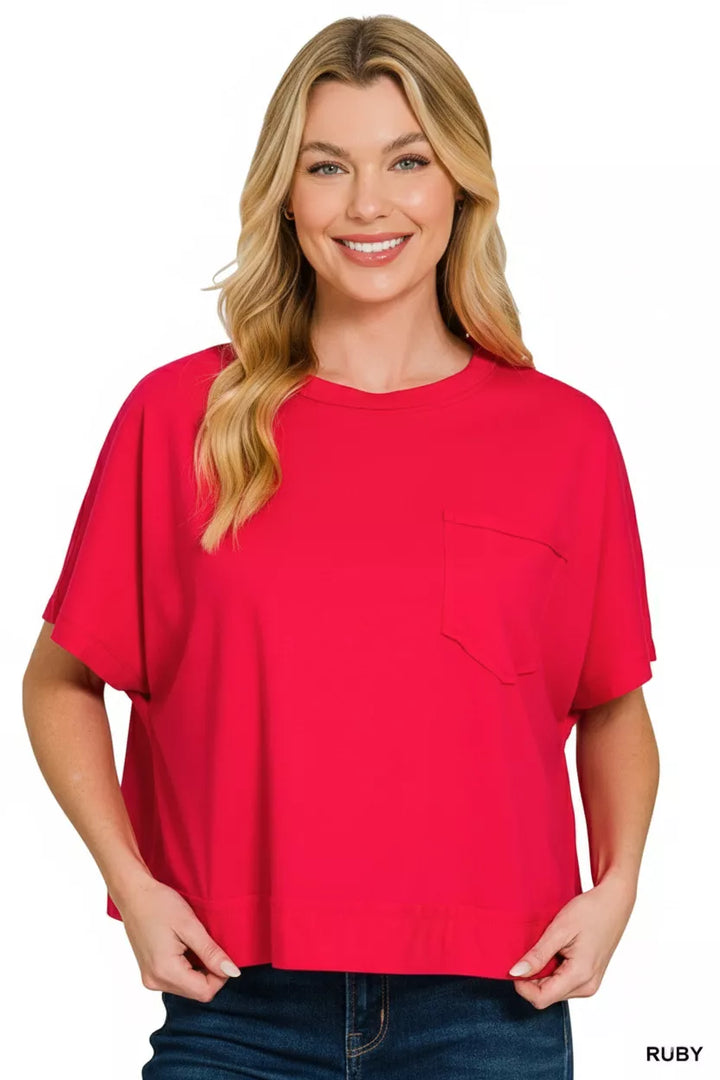 Exposed seam boxy crop tee with chest pocket