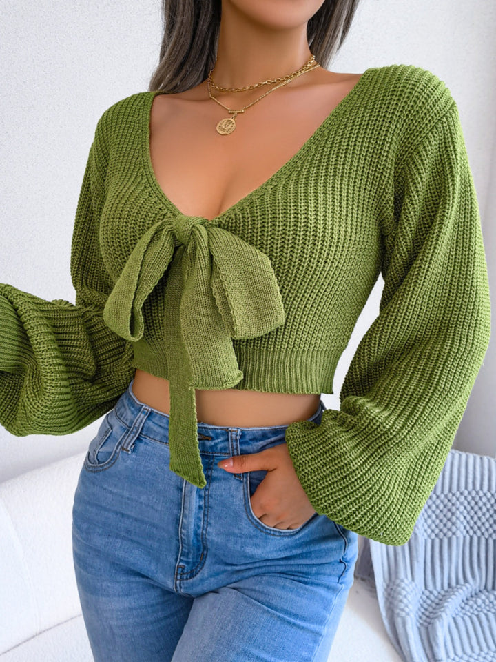 Tie-front ribbed knit cropped sweater with deep V-neck