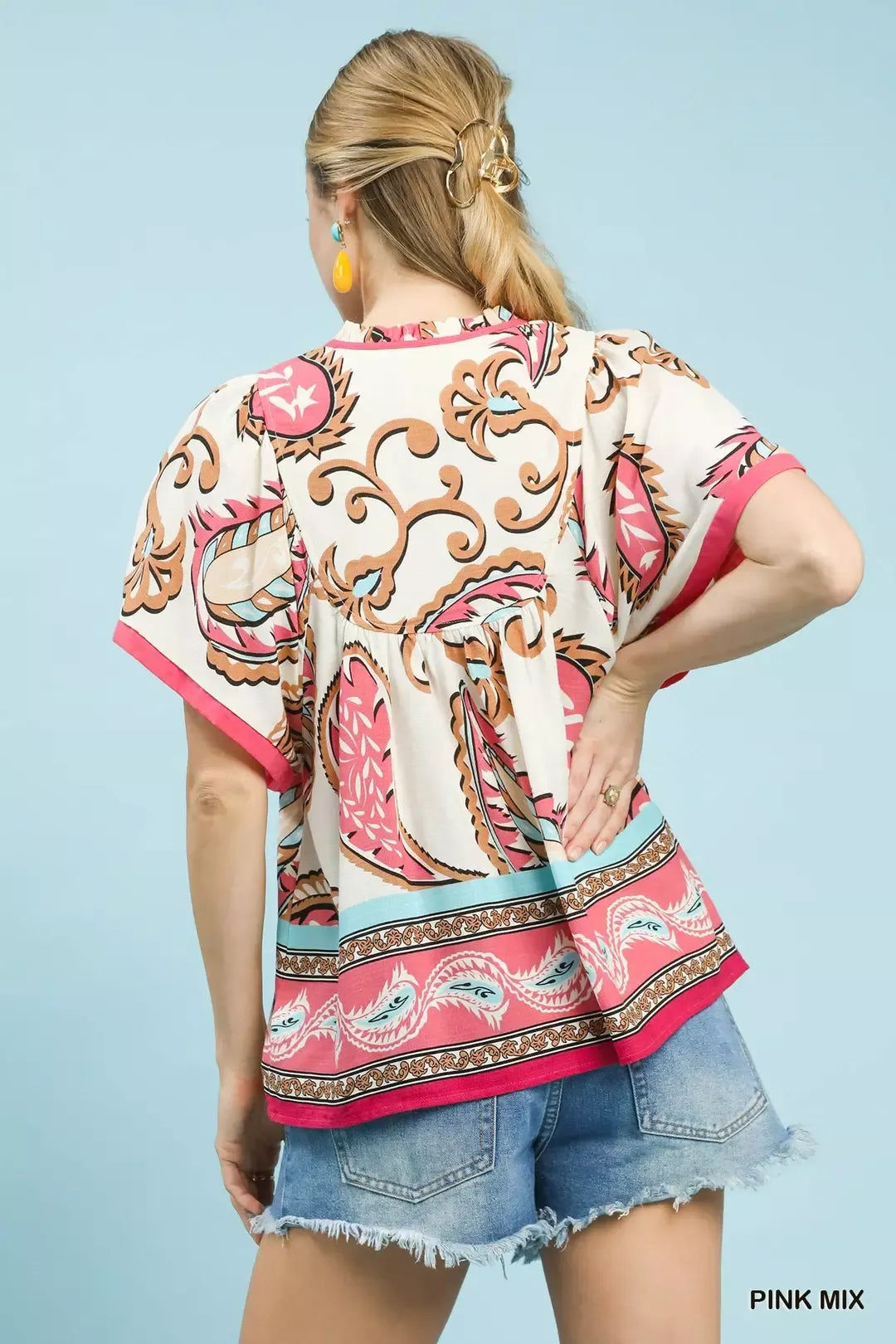 Mixed paisley border print boho top with tassel tie