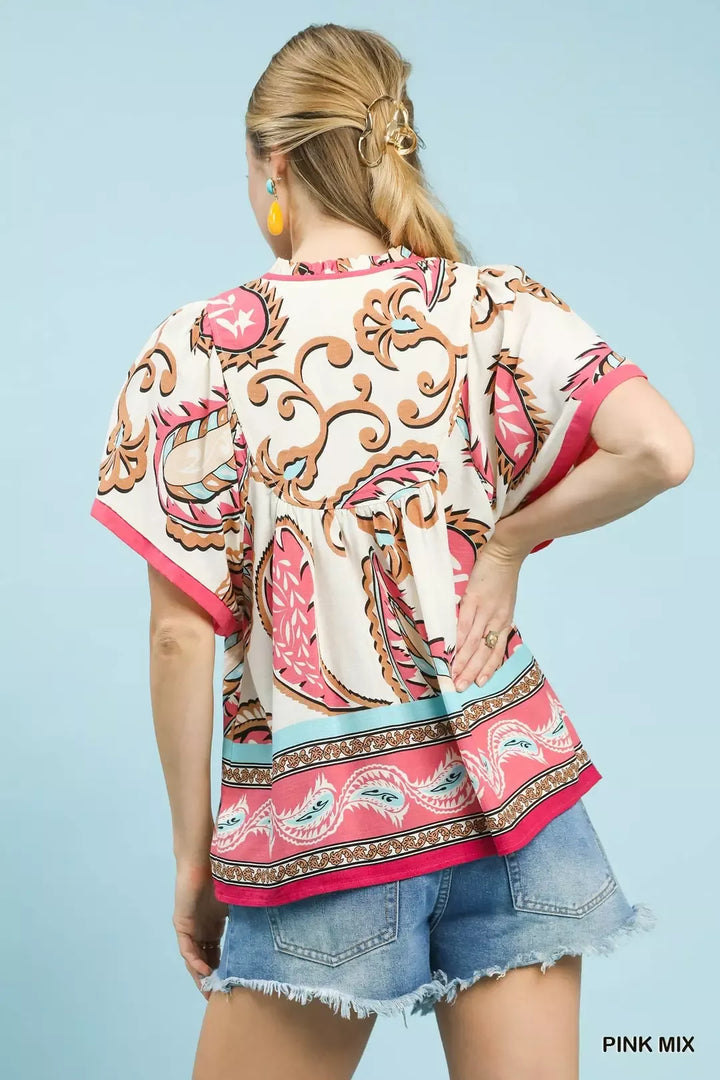 Mixed paisley border print boho top with tassel tie