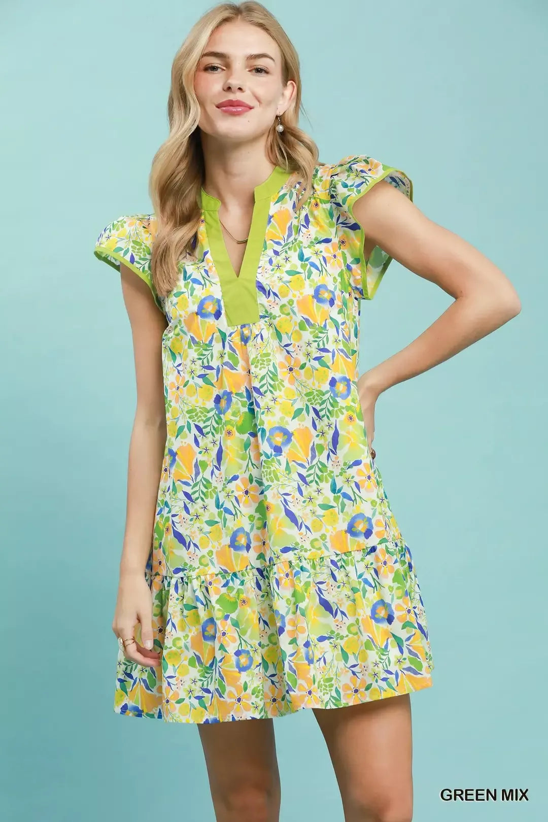 GREEN MIX Floral tiered mini dress with flutter sleeves