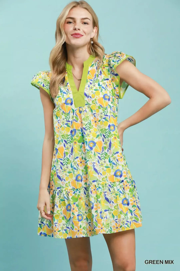 GREEN MIX Floral tiered mini dress with flutter sleeves
