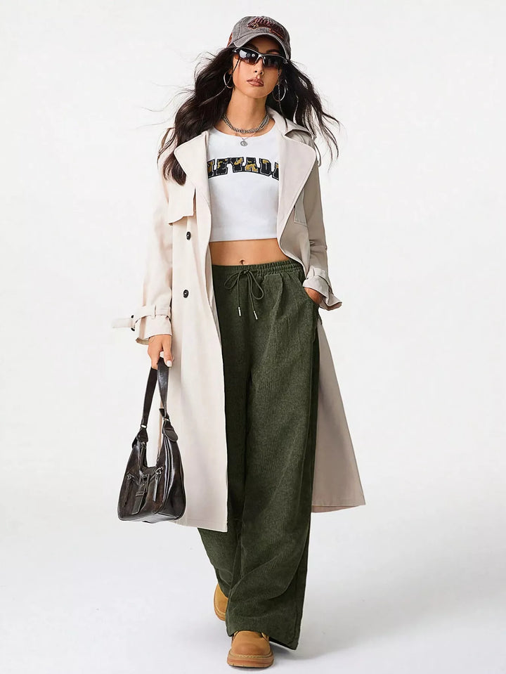 Corduroy wide-leg pants with drawstring waist and pockets
