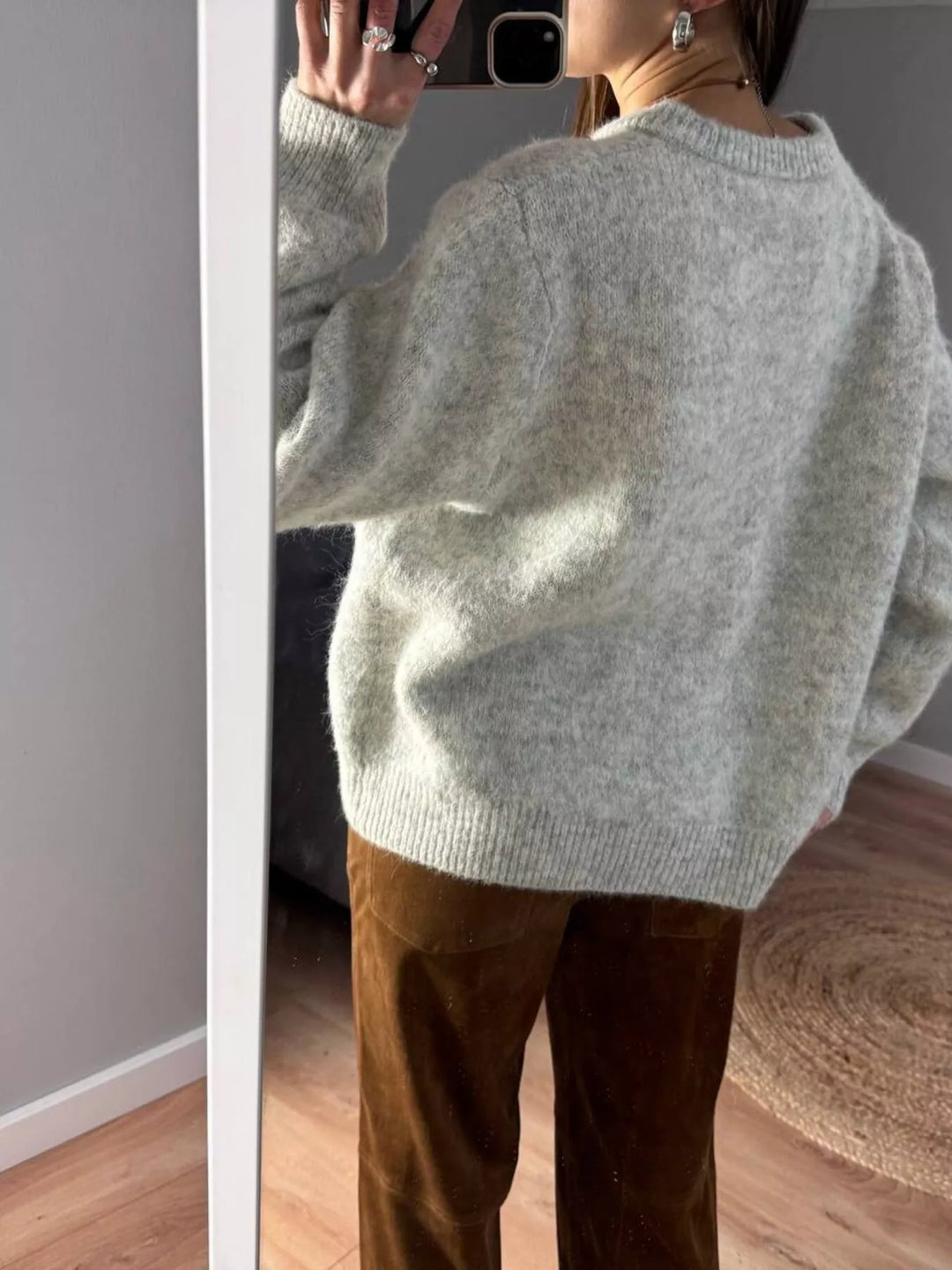 Brushed knit button-up cardigan with ribbed crew neck