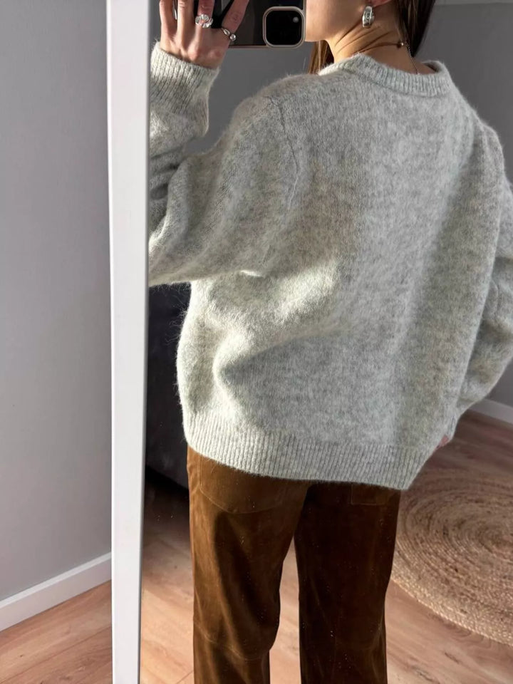 Brushed knit button-up cardigan with ribbed crew neck