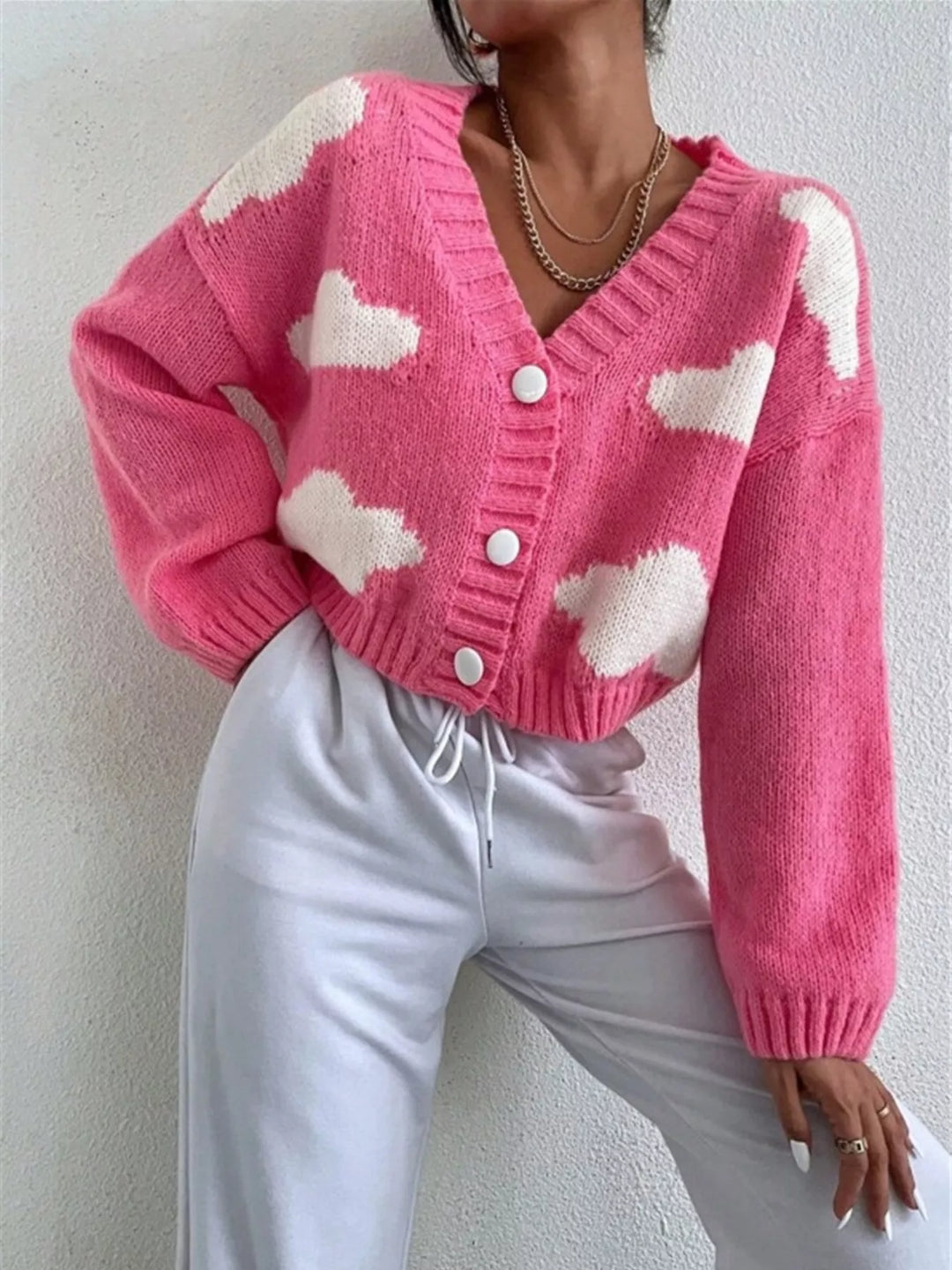 Cropped cloud-print button-up V-neck knit cardigan