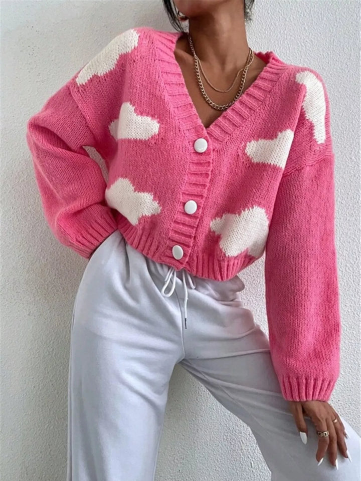 Cropped cloud-print button-up V-neck knit cardigan