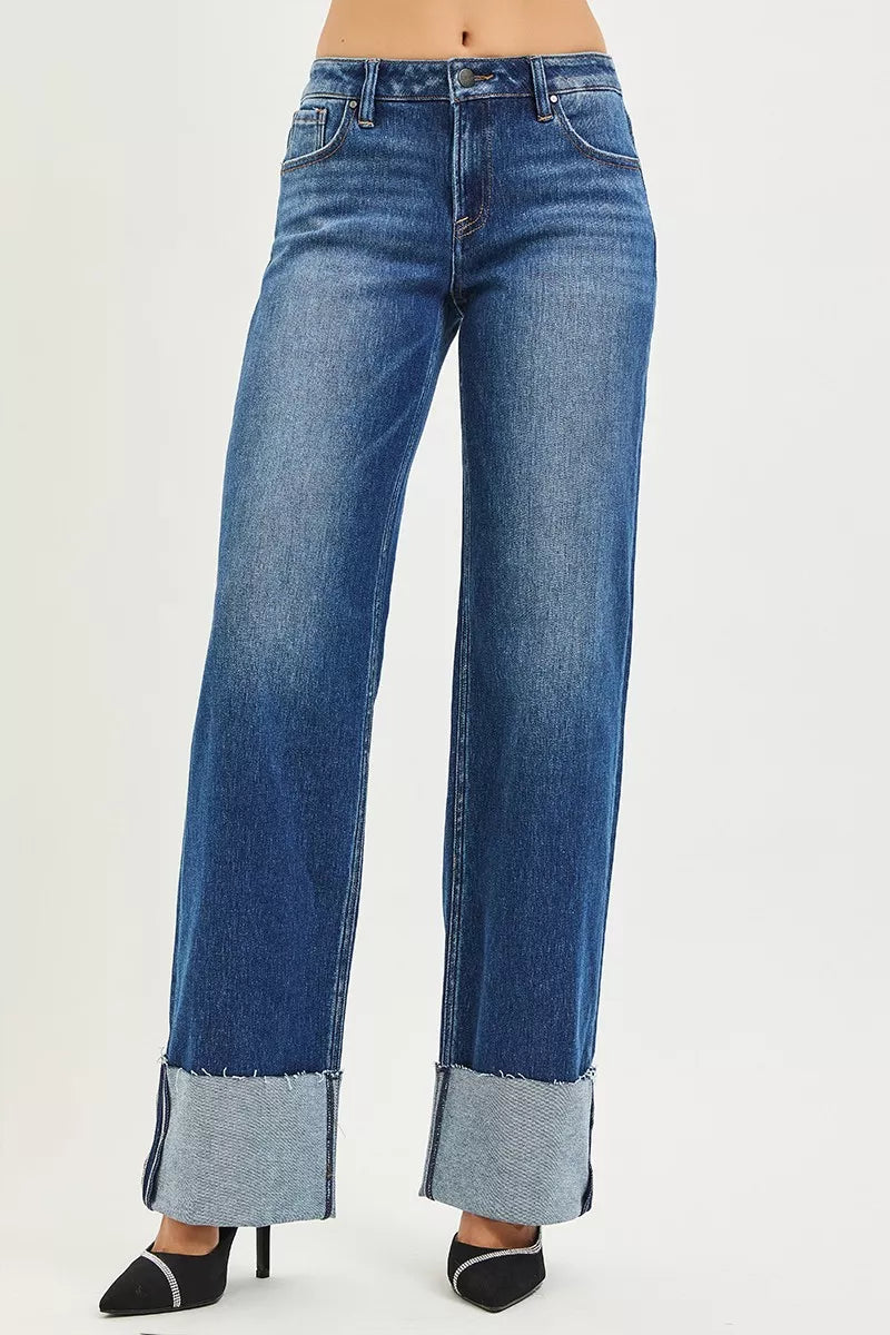 Mid-rise wide straight jeans with cuffed raw hem