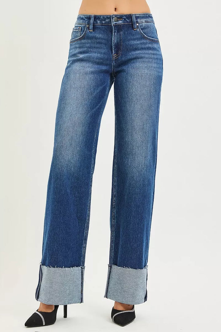 Mid-rise wide straight jeans with cuffed raw hem