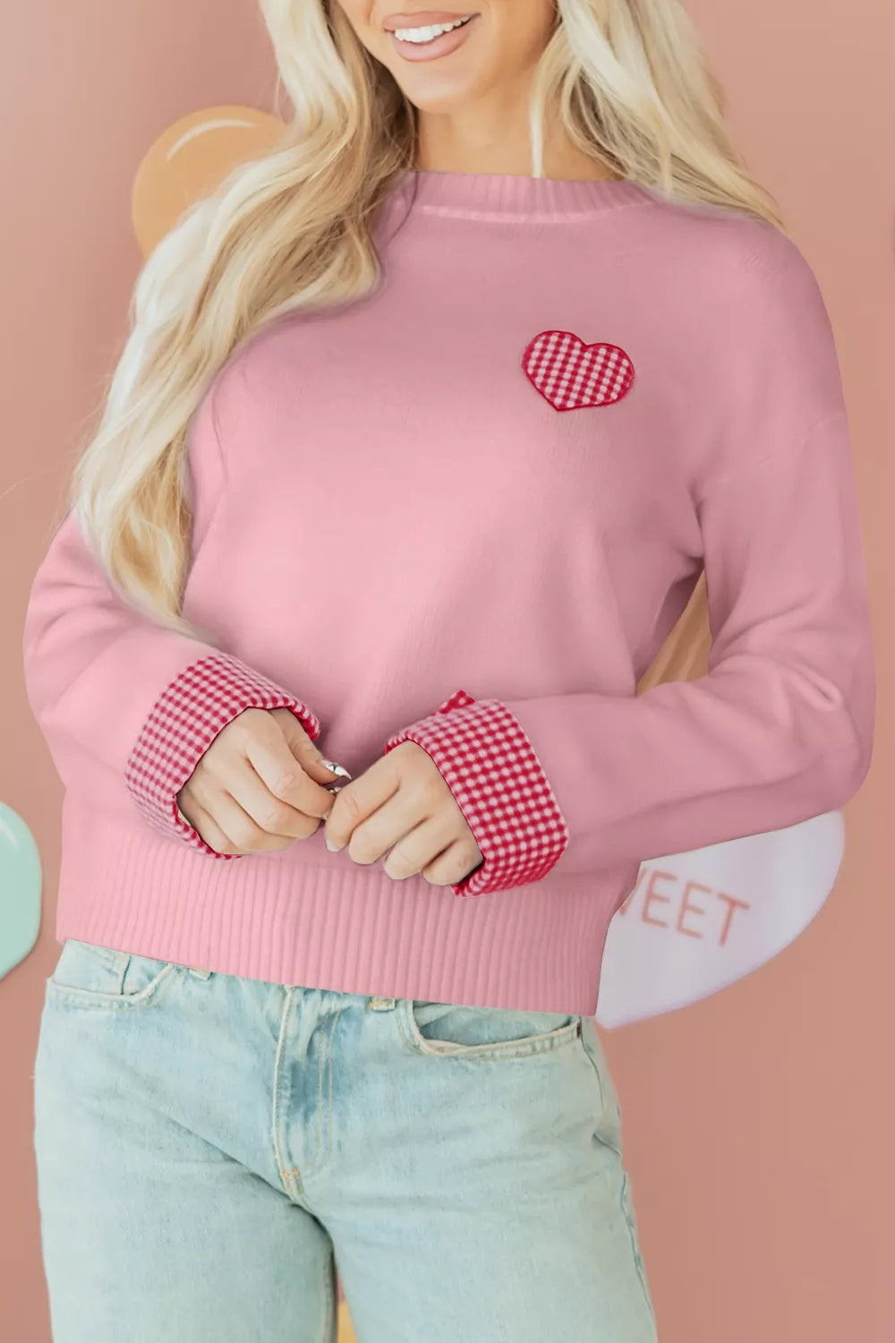 Gingham heart drop-shoulder crew neck sweater