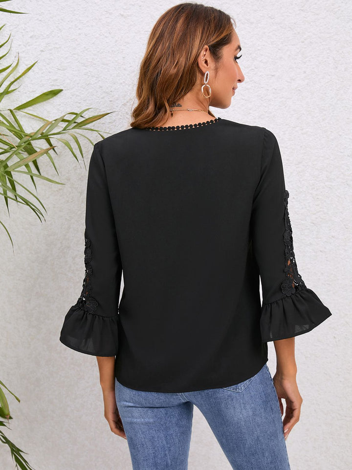 Crochet lace V-neck blouse with flounce sleeves