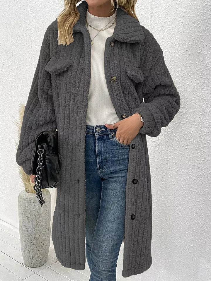 Ribbed fleece longline button-down coat with flap pockets