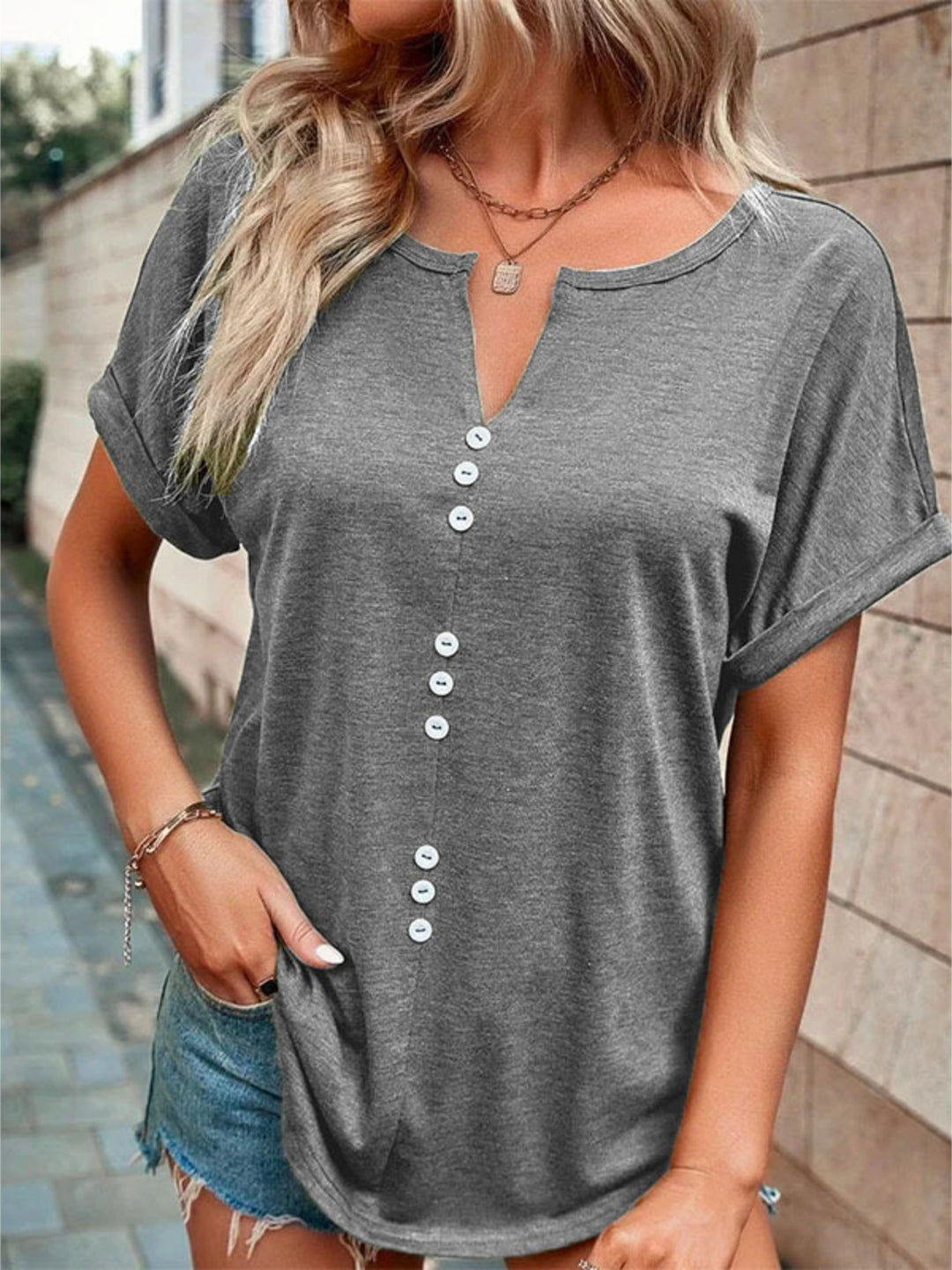 Grey Decorative button-front notch neck short sleeve tee