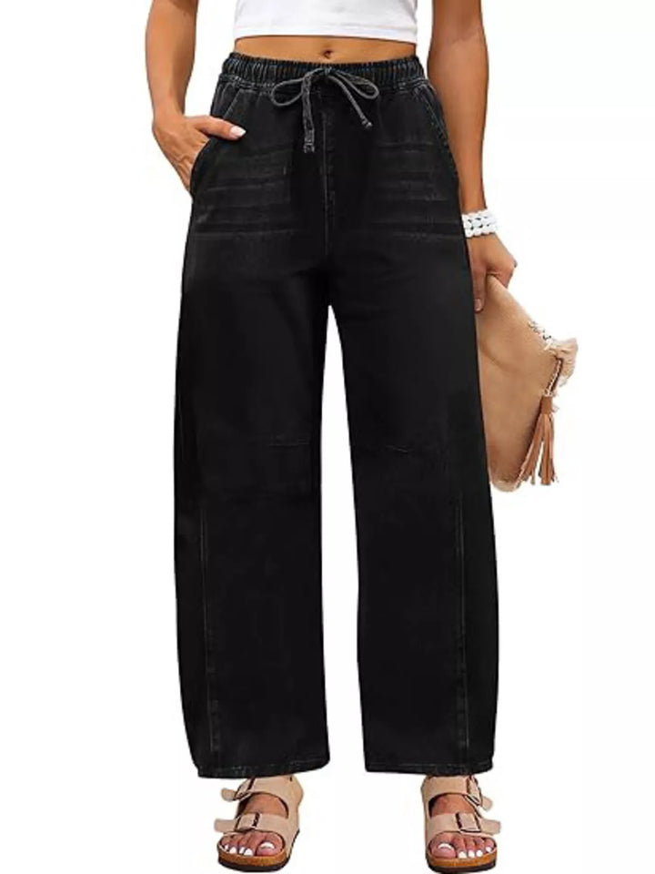Black Wide-leg drawstring jeans with elastic waist and pockets