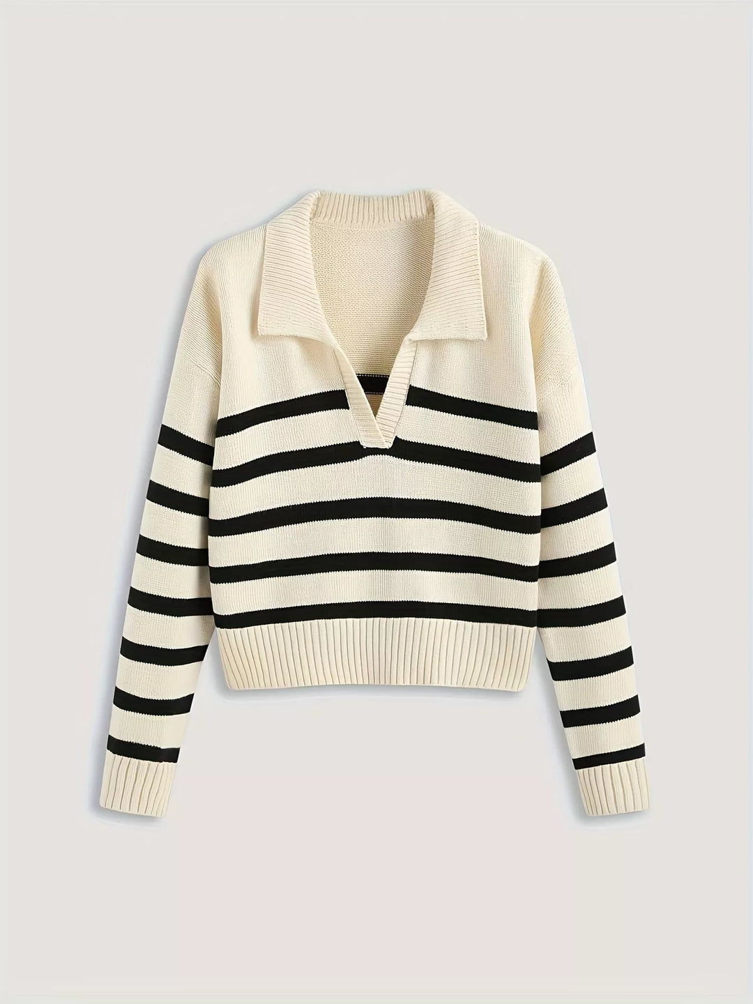 Striped polo collar ribbed knit sweater