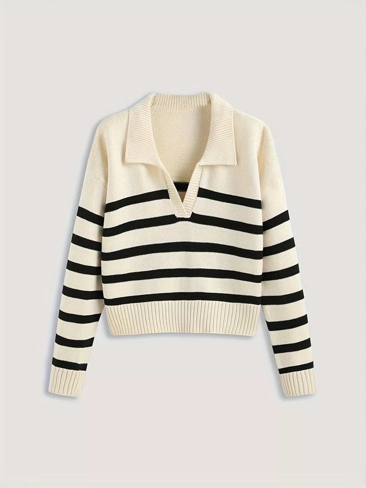 Striped polo collar ribbed knit sweater