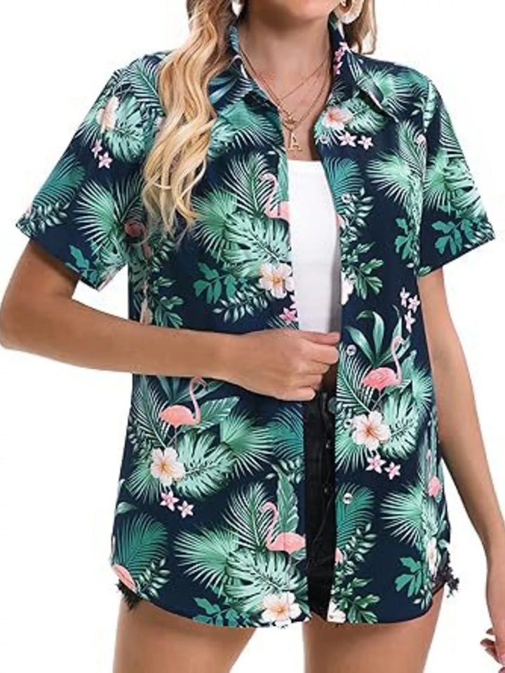 Tropical hibiscus print short sleeve button-up shirt