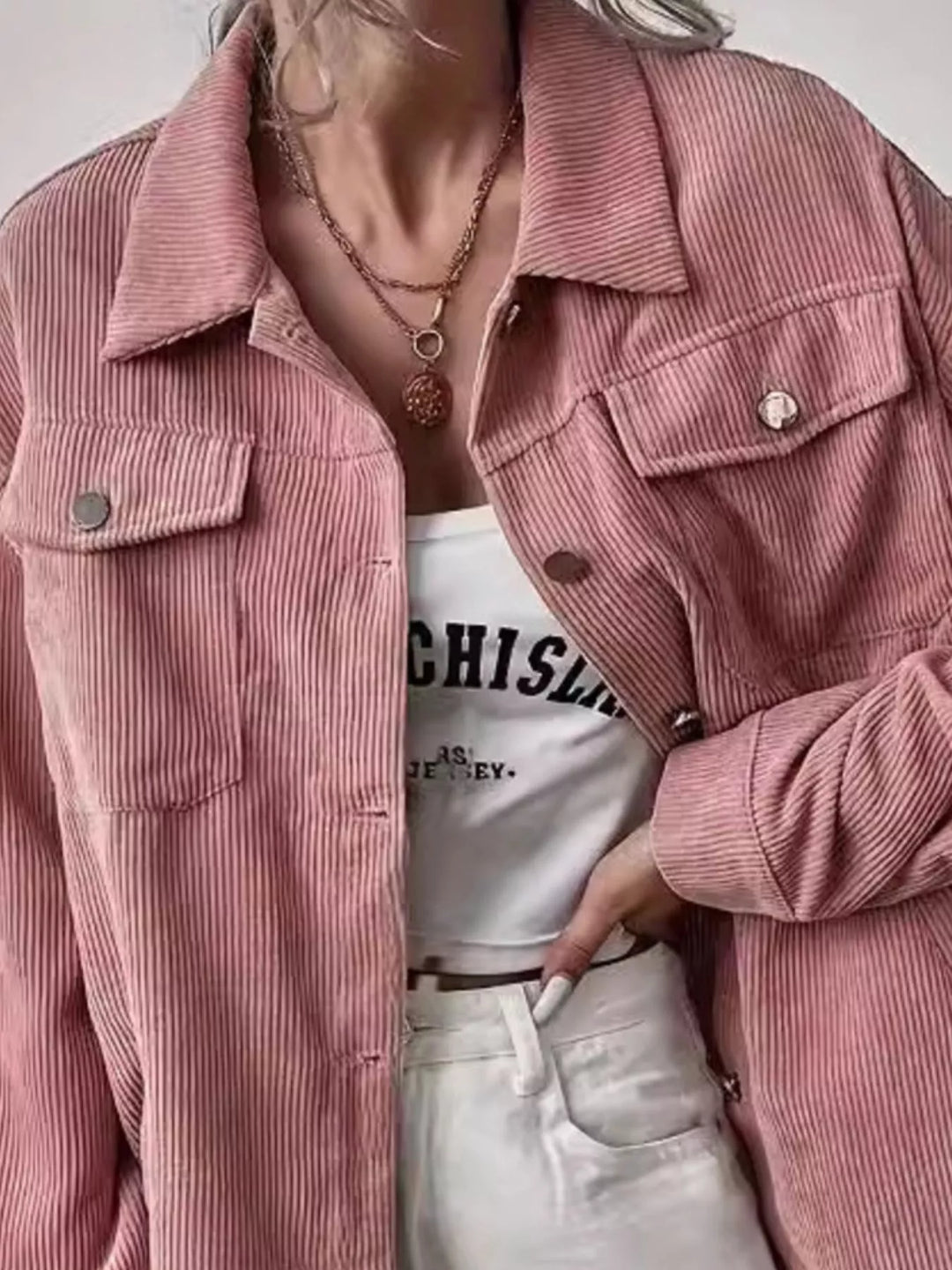 Corduroy button-up shacket with flap chest pockets