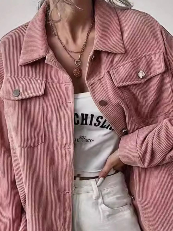 Corduroy button-up shacket with flap chest pockets