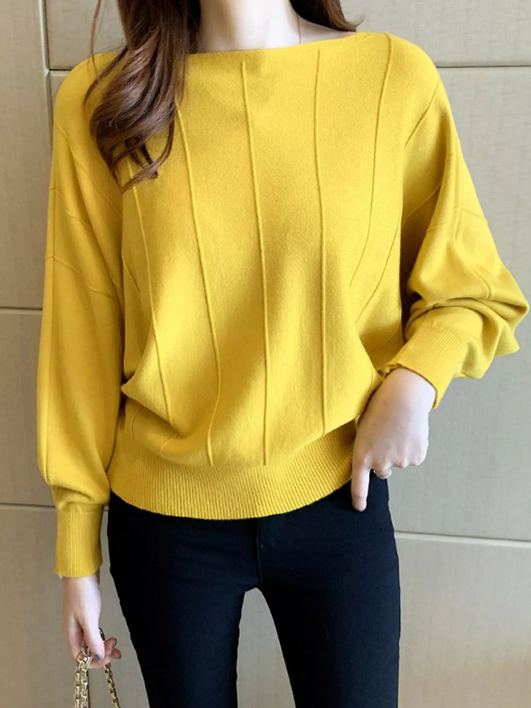 Yellow Boat neck batwing sleeve knit pullover with ribbed hem