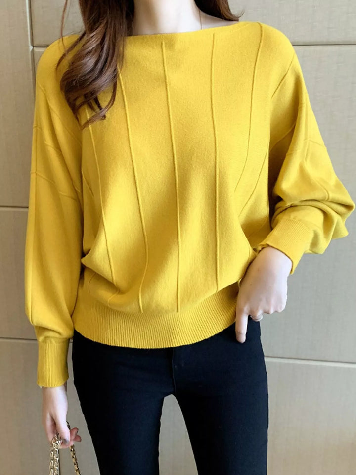 Yellow Boat neck batwing sleeve knit pullover with ribbed hem
