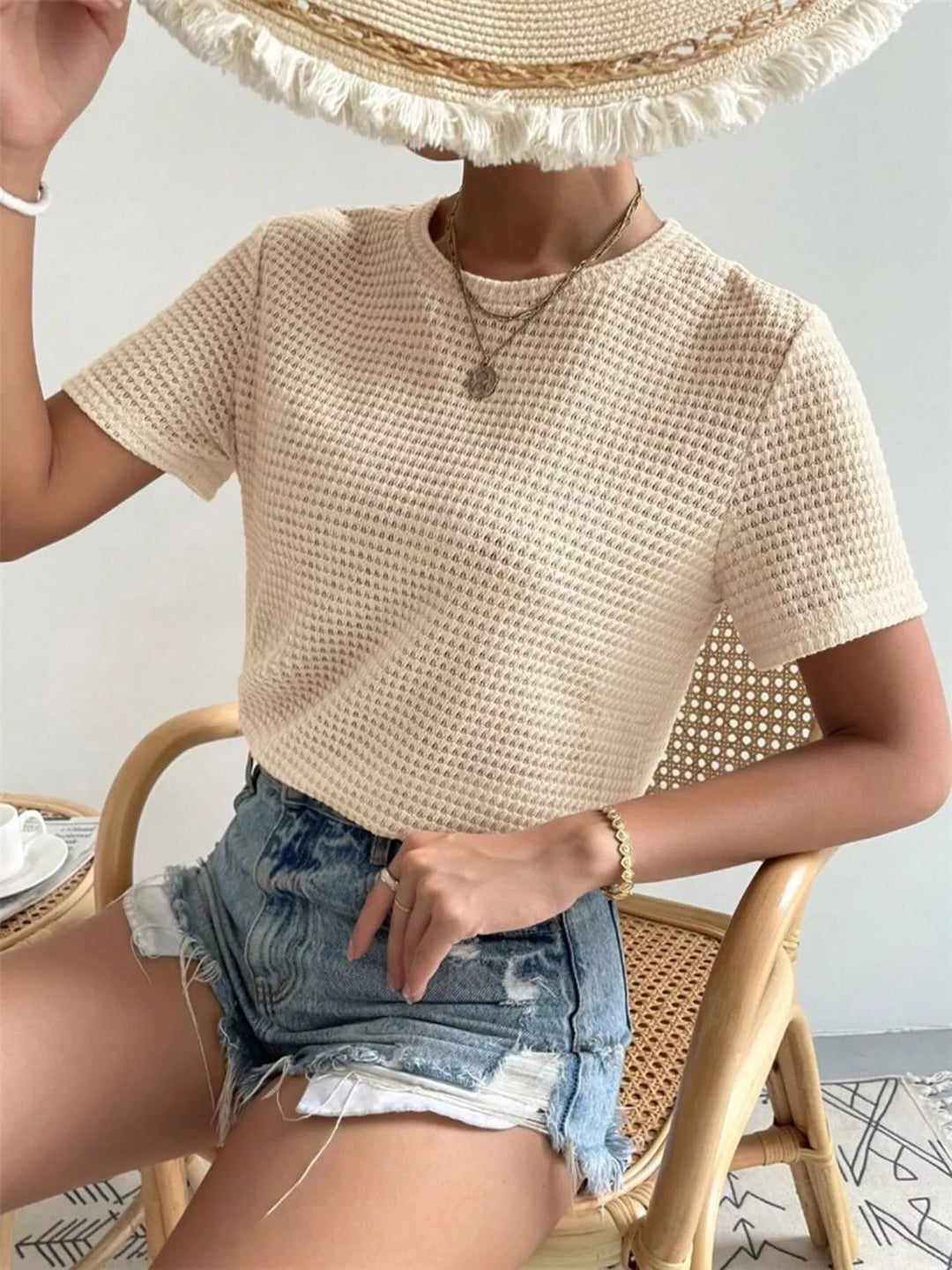 Waffle knit crew neck short sleeve top
