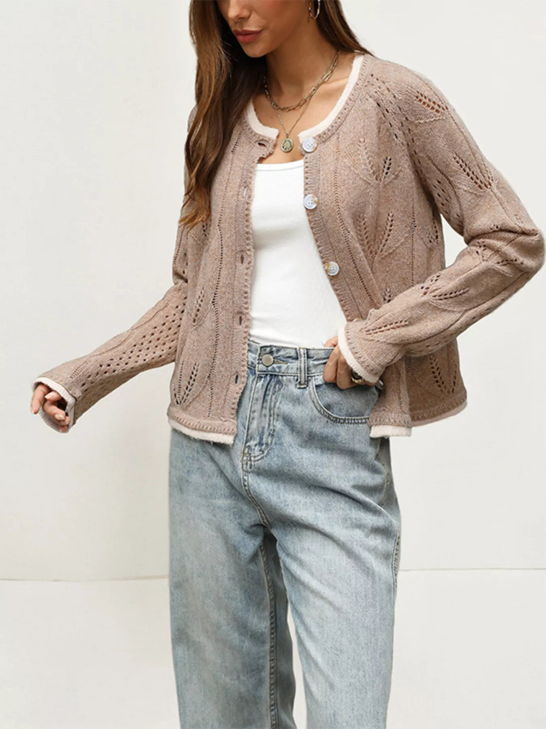 Pointelle openwork knit button-down cardigan