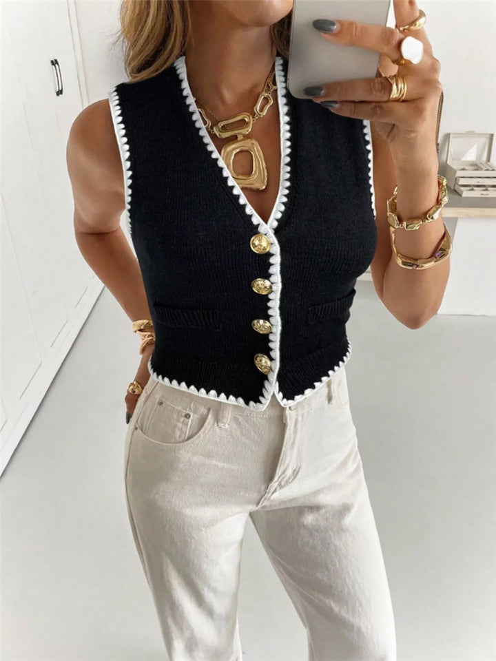 Contrast crochet-trim button-up sweater vest