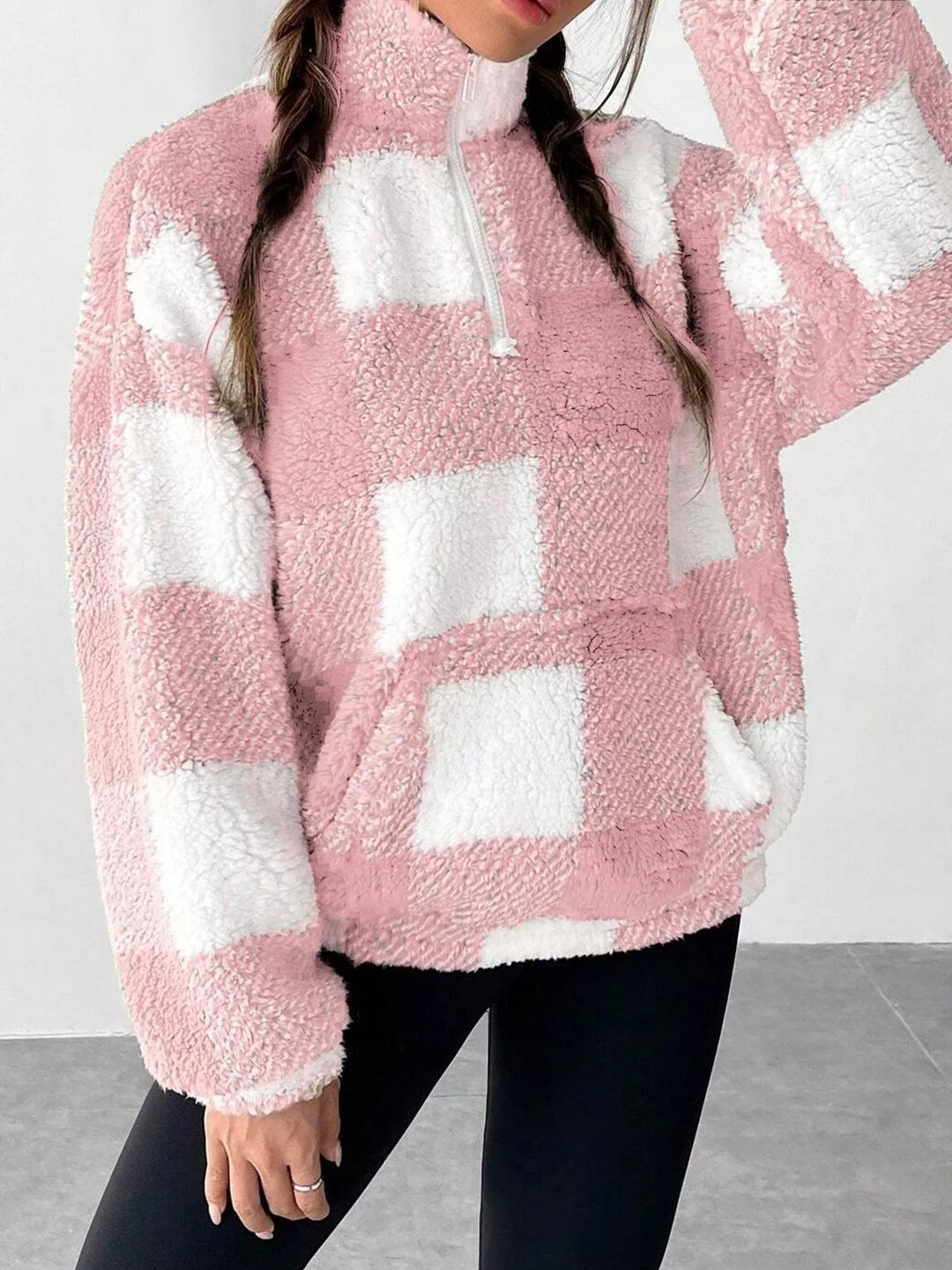 Plaid sherpa quarter-zip pullover with front pocket