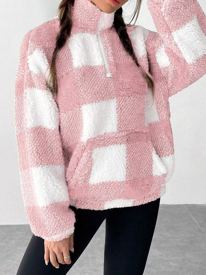 Plaid sherpa quarter-zip pullover with front pocket