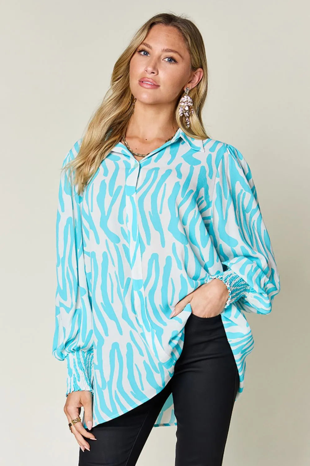Aqua Zebra print smocked-cuff long sleeve blouse