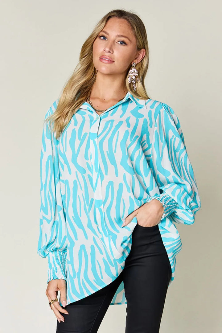 Aqua Zebra print smocked-cuff long sleeve blouse