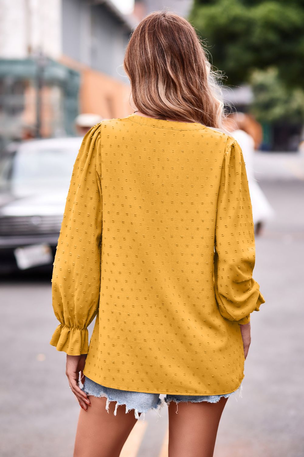 Swiss dot notched neck blouse with flounce sleeves