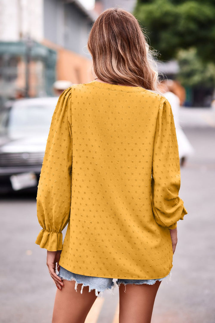 Swiss dot notched neck blouse with flounce sleeves