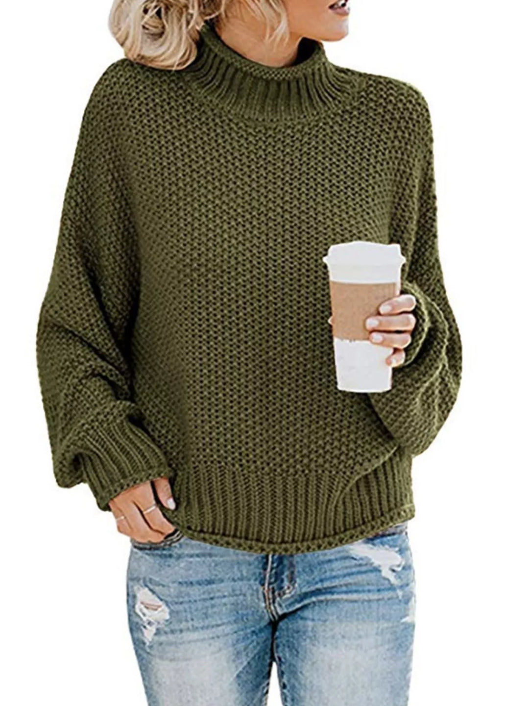 Army Green Oversized chunky knit turtleneck sweater
