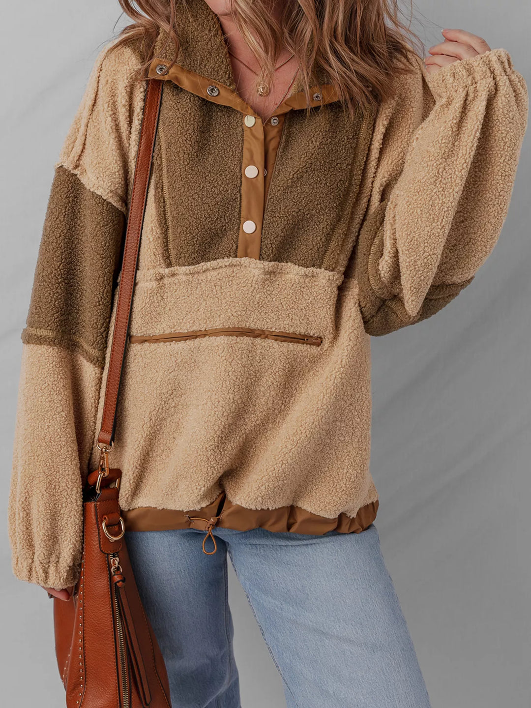 Color block sherpa pullover with half-snap placket