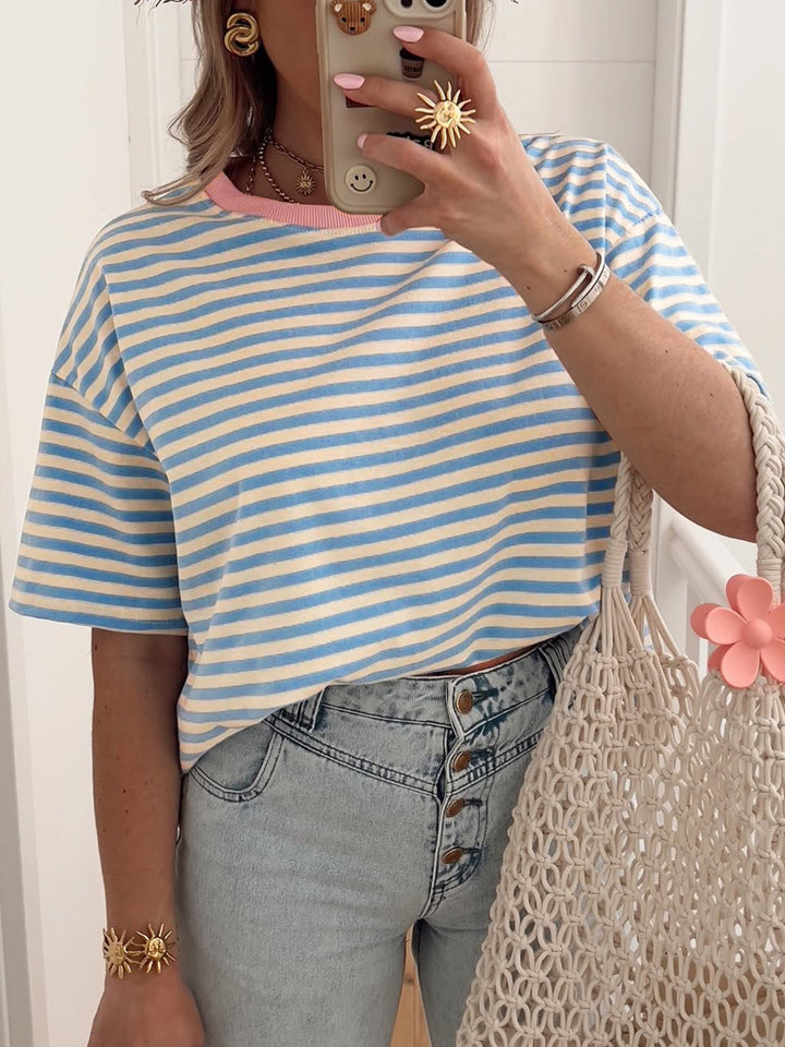 Light Blue Striped oversized drop-shoulder crew neck t-shirt