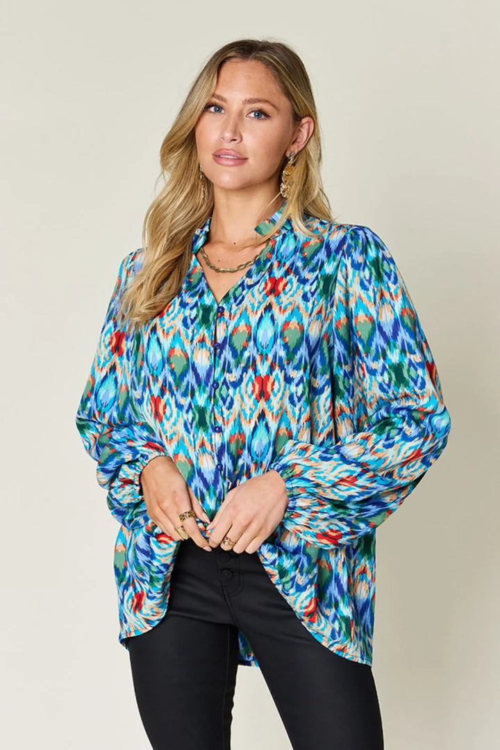 Sky Blue Abstract print balloon-sleeve button-down blouse