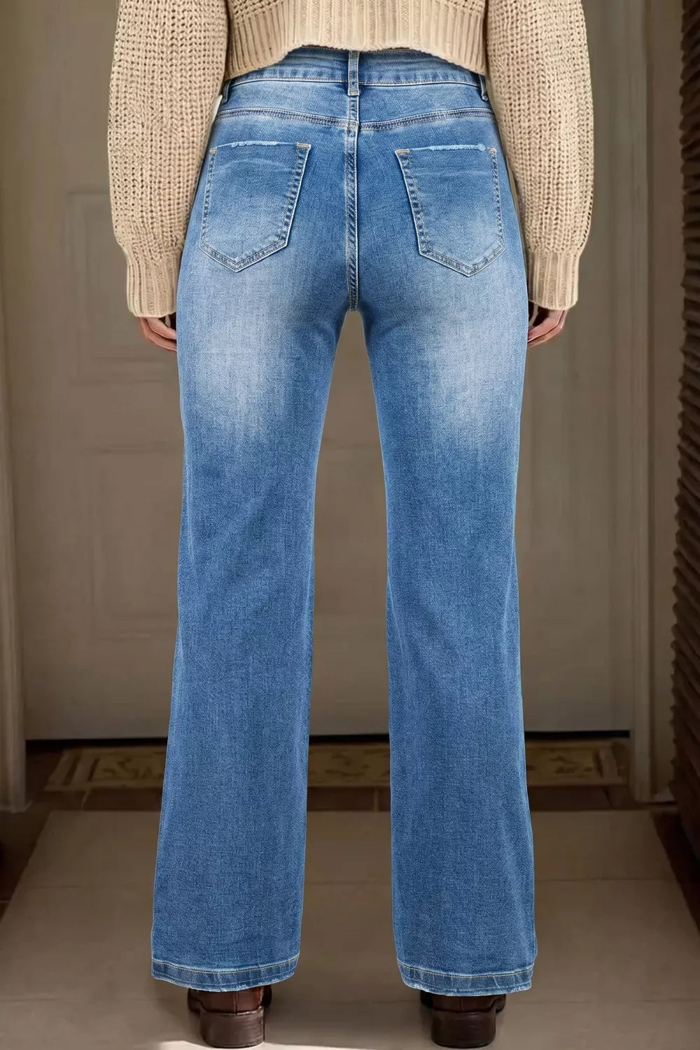 Acid wash straight leg mid rise stretch jeans