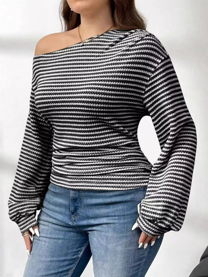 Black Striped ribbed knit one-shoulder top with long blouson sleeves