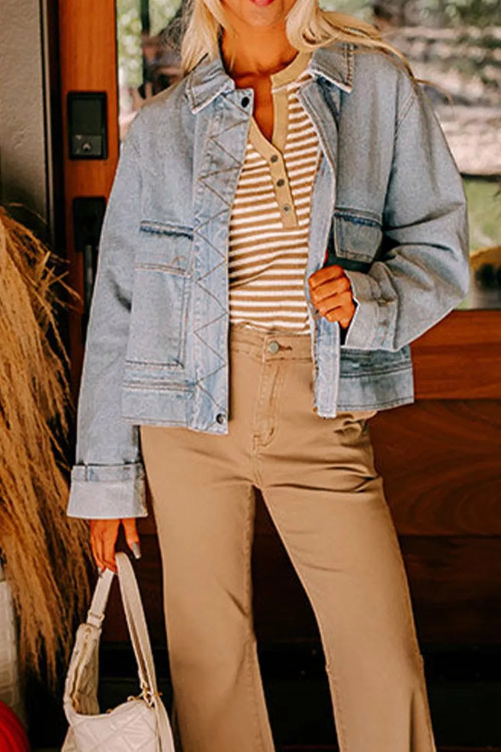 Drop shoulder zip-up denim jacket with flap pockets